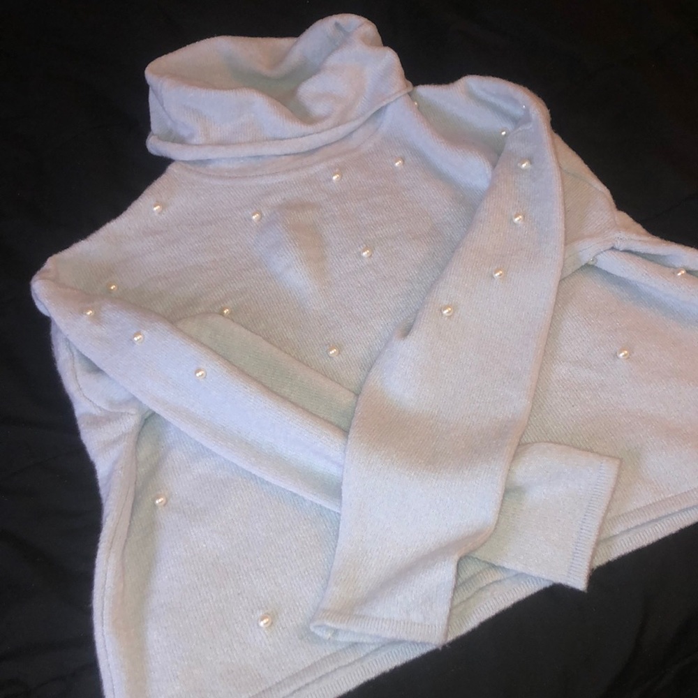 Baby blue pearl studded turtleneck sweater